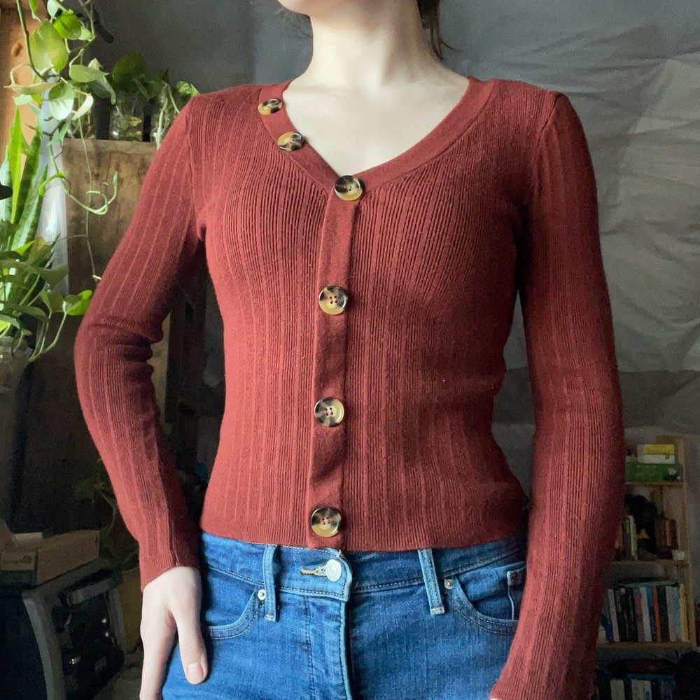 Brown Sweatshirt, Women’s V Neck Long Sleeve Shirt with button accents, Sienna